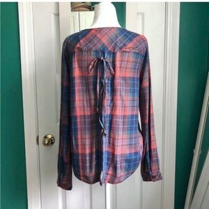 Cloth and Stone Red/Blue Plaid Top with Drawstring Back Small NWOT
